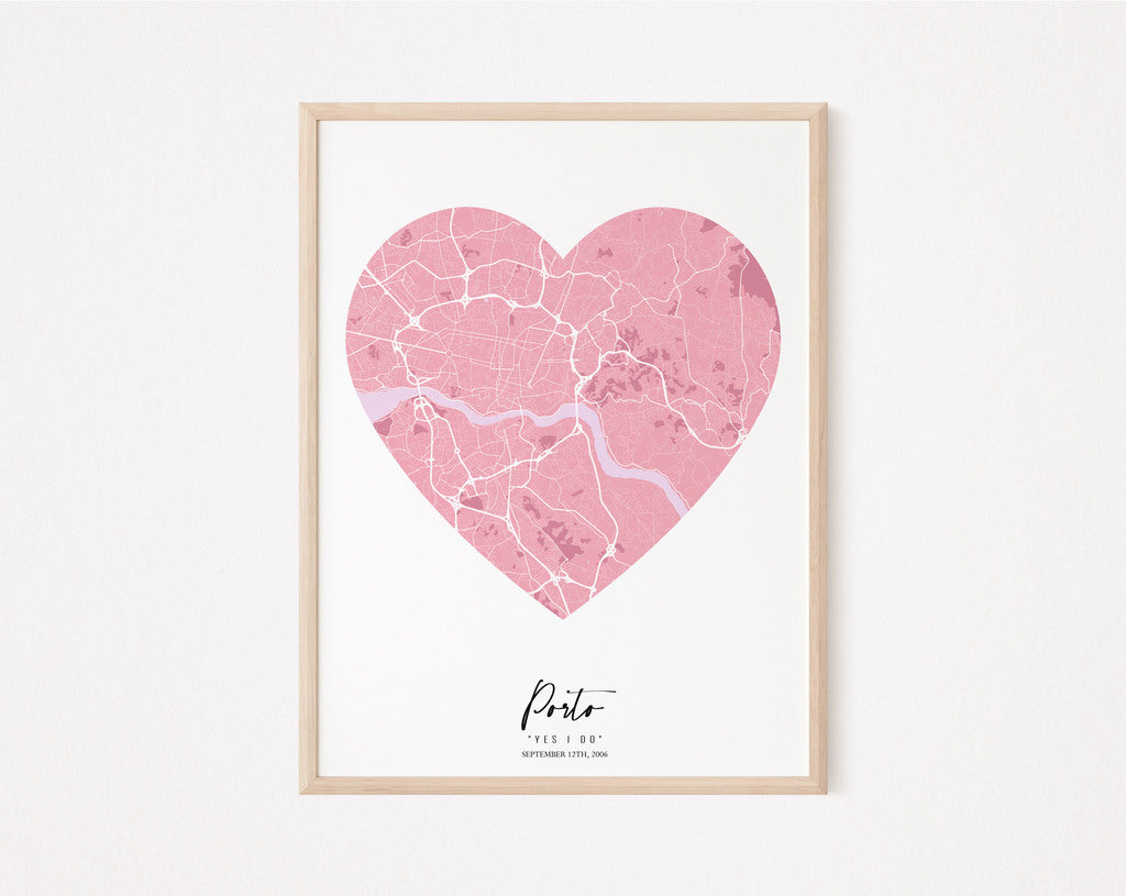 City map of Porto, Portugal - romantic marriage proposal poster and gift - Mappora